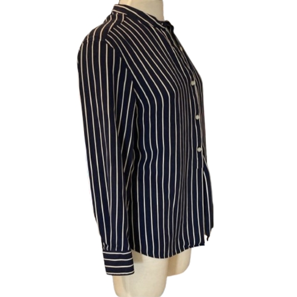 LAUREN RALPH LAUREN Navy Blue & Cream Striped Button-Up Mandarin Collar Blouse - Picture 3 of 6